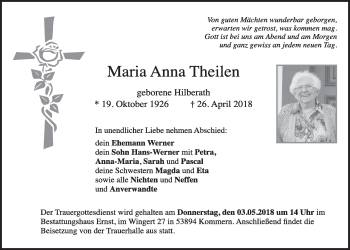 Anzeige von Maria Anna Theilen von  Blickpunkt Euskirchen 