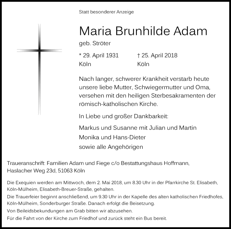  Traueranzeige für Maria Brunhilde Adam vom 28.04.2018 aus Kölner Stadt-Anzeiger / Kölnische Rundschau / Express