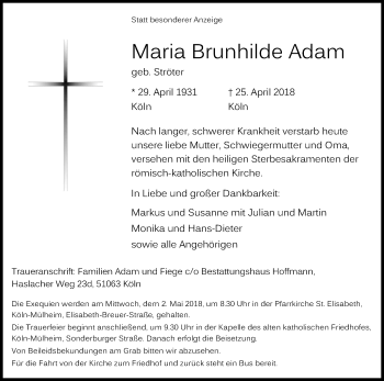 Anzeige von Maria Brunhilde Adam von Kölner Stadt-Anzeiger / Kölnische Rundschau / Express