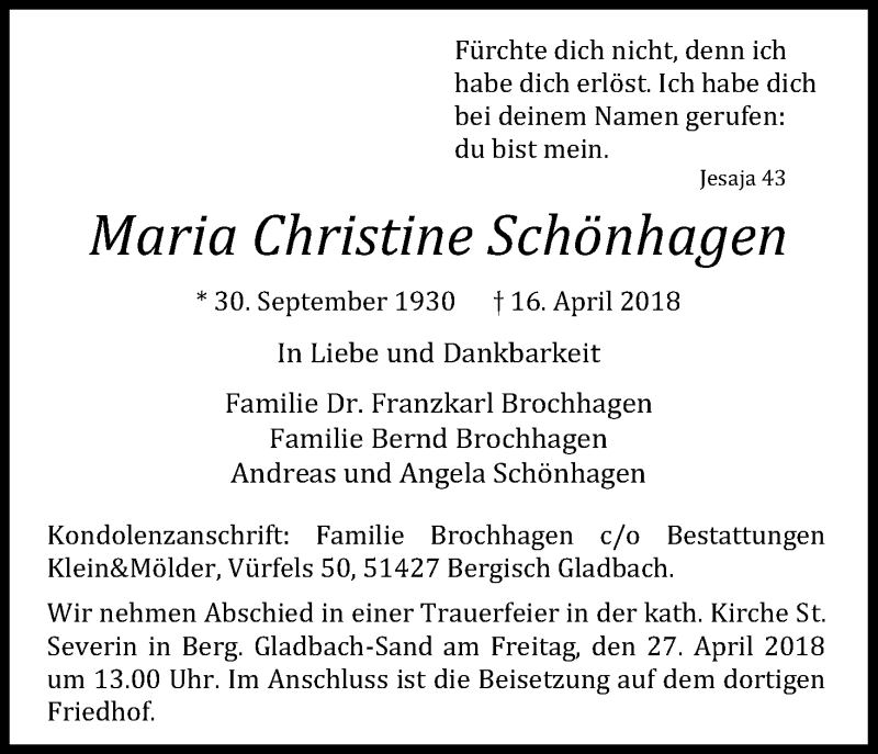  Traueranzeige für Maria Christine Schönhagen vom 21.04.2018 aus Kölner Stadt-Anzeiger / Kölnische Rundschau / Express