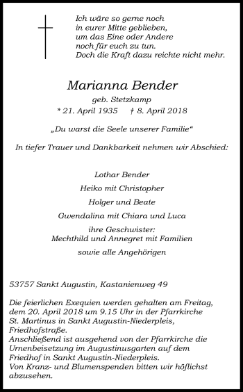 Anzeige von Marianna Bender von Kölner Stadt-Anzeiger / Kölnische Rundschau / Express