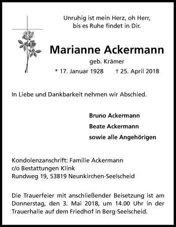 Anzeige von Marianne Ackermann von Kölner Stadt-Anzeiger / Kölnische Rundschau / Express