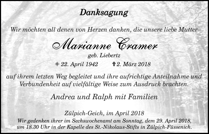  Traueranzeige für Marianne Cramer vom 21.04.2018 aus  Blickpunkt Euskirchen 