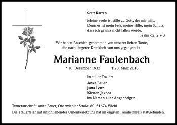 Anzeige von Marianne Faulenbach von Kölner Stadt-Anzeiger / Kölnische Rundschau / Express