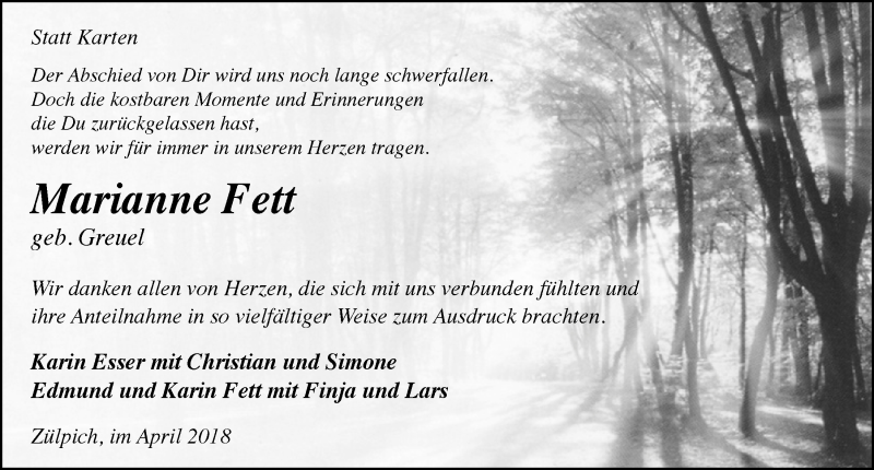  Traueranzeige für Marianne Fett vom 28.04.2018 aus  Blickpunkt Euskirchen 