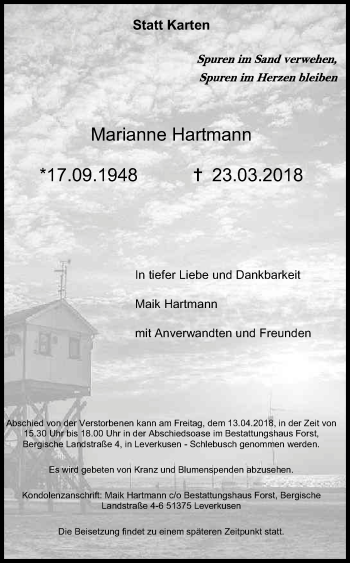 Anzeige von Marianne Hartmann von Kölner Stadt-Anzeiger / Kölnische Rundschau / Express