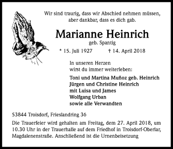 Anzeige von Marianne Heinrich von Kölner Stadt-Anzeiger / Kölnische Rundschau / Express