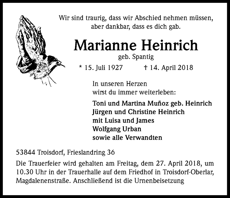  Traueranzeige für Marianne Heinrich vom 21.04.2018 aus Kölner Stadt-Anzeiger / Kölnische Rundschau / Express