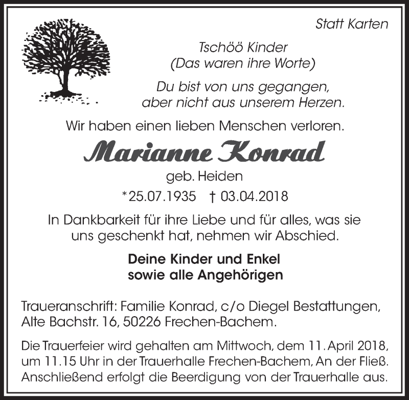  Traueranzeige für Marianne Konrad vom 07.04.2018 aus  Sonntags-Post 
