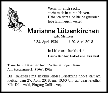 Anzeige von Marianne Lützenkirchen von Kölner Stadt-Anzeiger / Kölnische Rundschau / Express