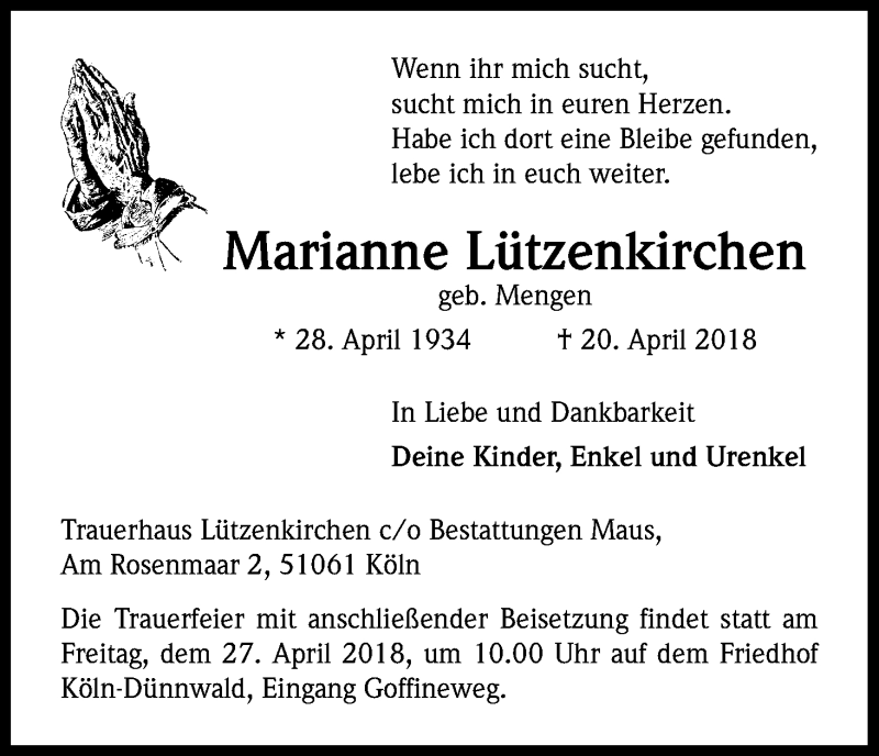  Traueranzeige für Marianne Lützenkirchen vom 25.04.2018 aus Kölner Stadt-Anzeiger / Kölnische Rundschau / Express