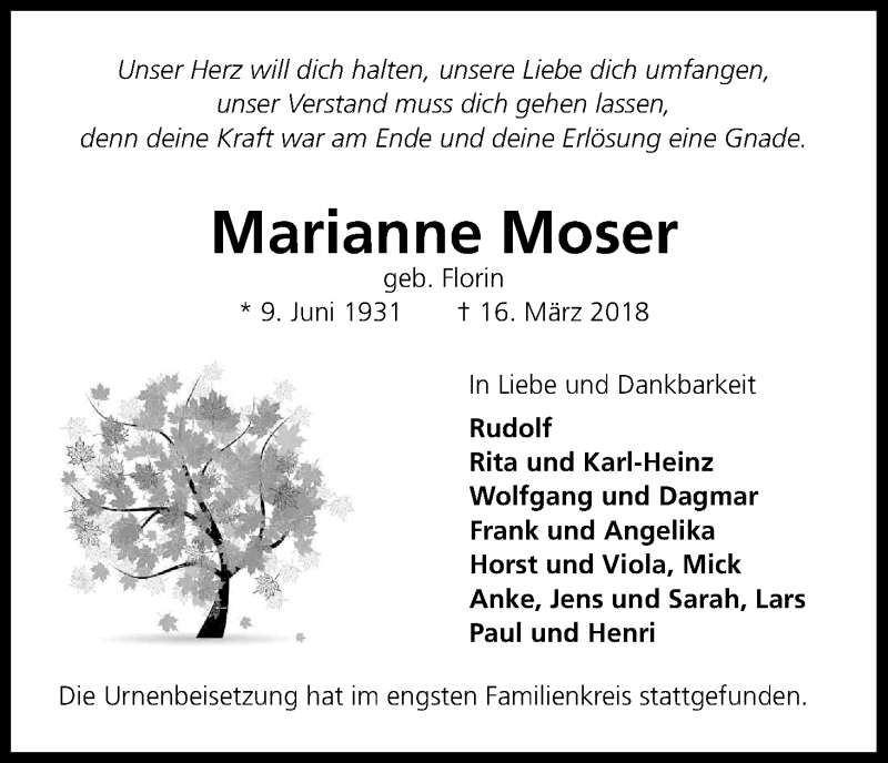  Traueranzeige für Marianne Moser vom 14.04.2018 aus Kölner Stadt-Anzeiger / Kölnische Rundschau / Express