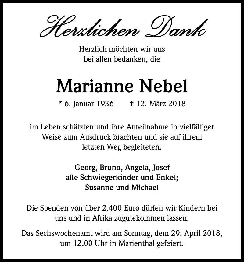  Traueranzeige für Marianne Nebel vom 14.04.2018 aus Kölner Stadt-Anzeiger / Kölnische Rundschau / Express