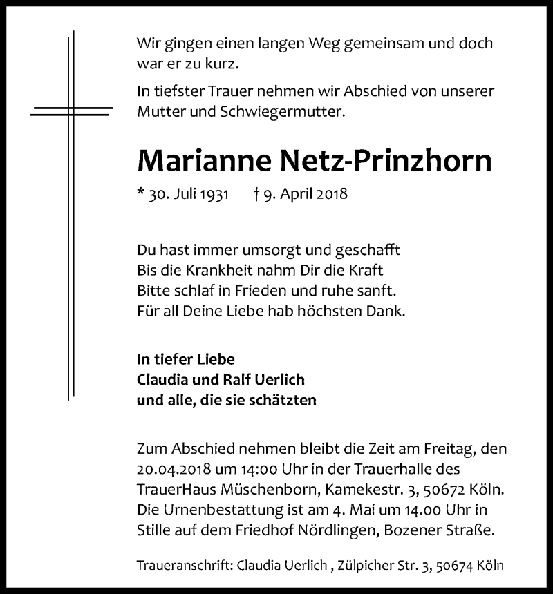  Traueranzeige für Marianne Netz-Prinzhorn vom 18.04.2018 aus Kölner Stadt-Anzeiger / Kölnische Rundschau / Express