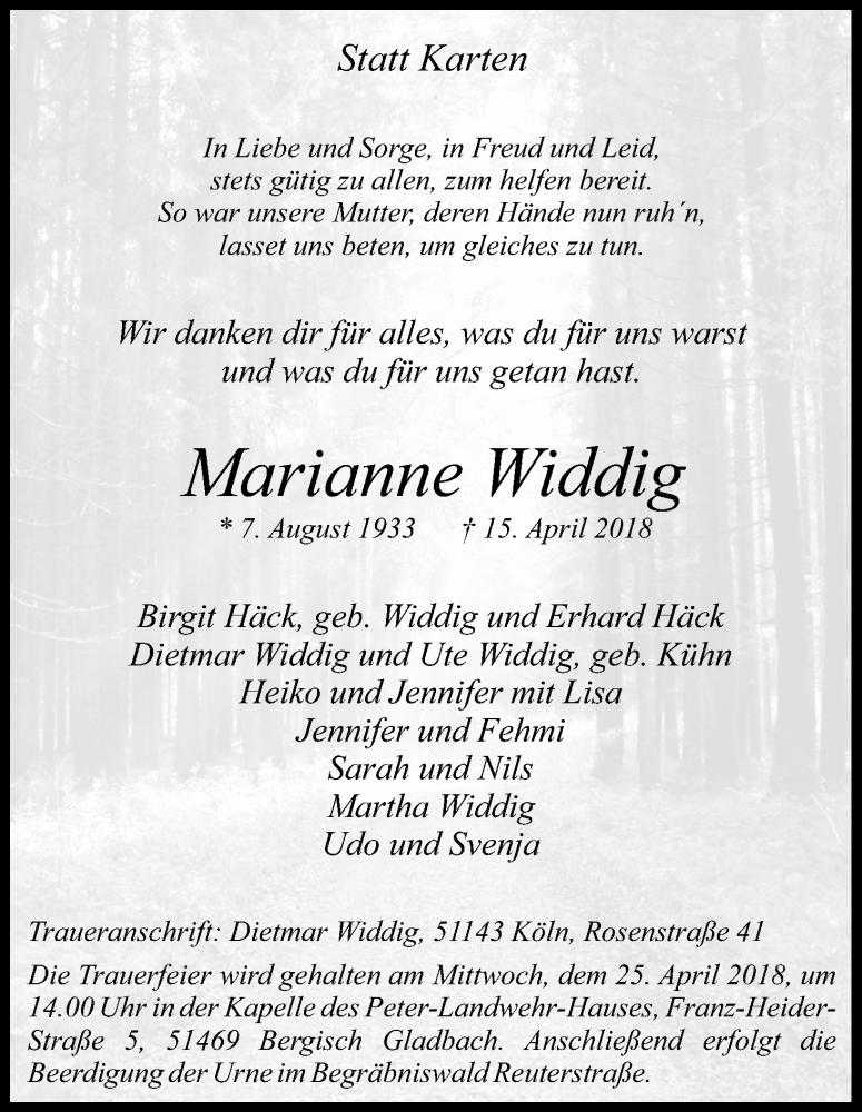  Traueranzeige für Marianne Widdig vom 21.04.2018 aus Kölner Stadt-Anzeiger / Kölnische Rundschau / Express