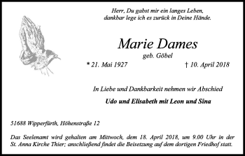 Anzeige von Marie Dames von Kölner Stadt-Anzeiger / Kölnische Rundschau / Express