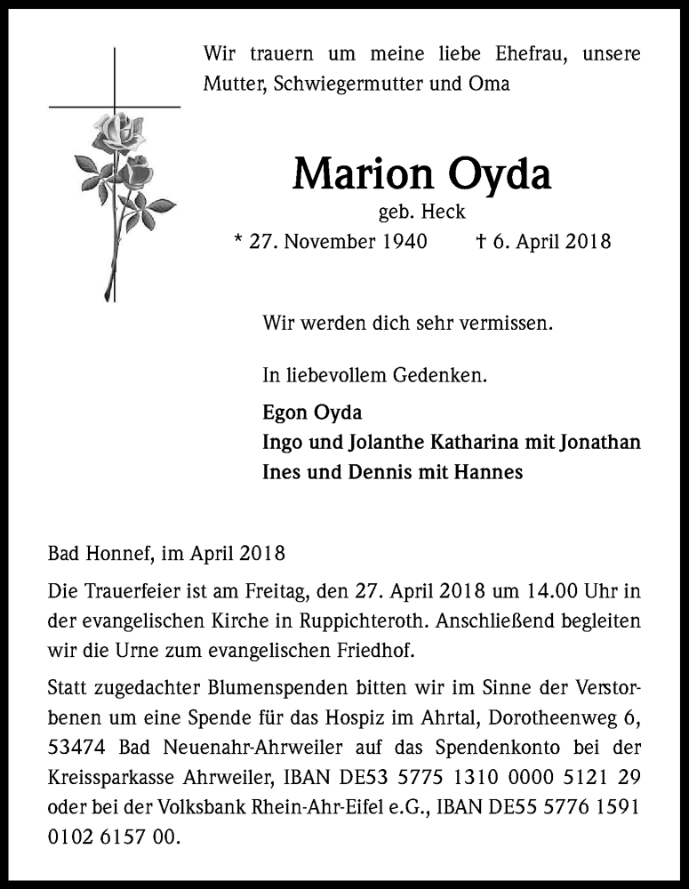  Traueranzeige für Marion Oyda vom 21.04.2018 aus Kölner Stadt-Anzeiger / Kölnische Rundschau / Express