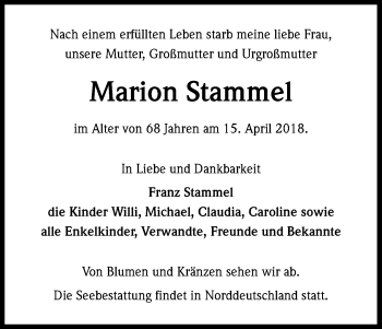 Anzeige von Marion Stammel von Kölner Stadt-Anzeiger / Kölnische Rundschau / Express