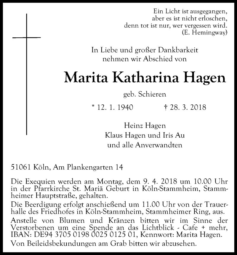  Traueranzeige für Marita Katharina Hagen vom 05.04.2018 aus Kölner Stadt-Anzeiger / Kölnische Rundschau / Express