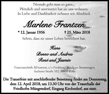 Anzeige von Marlene Frantzen von Kölner Stadt-Anzeiger / Kölnische Rundschau / Express
