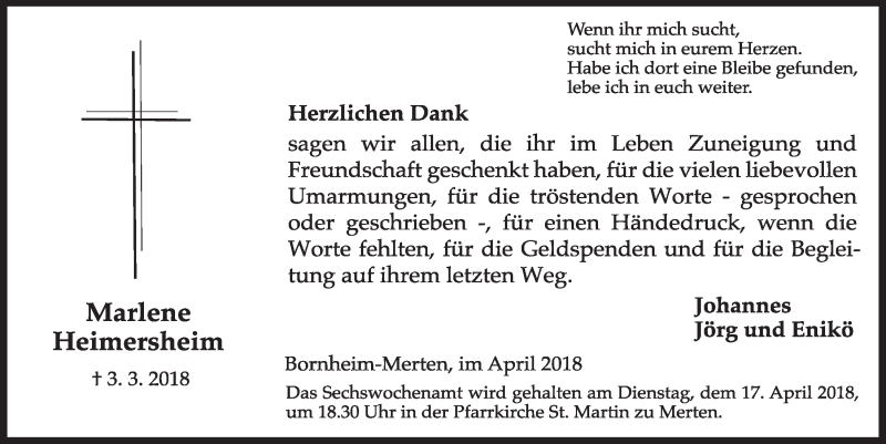  Traueranzeige für Marlene Heimersheim vom 11.04.2018 aus  Schlossbote/Werbekurier 
