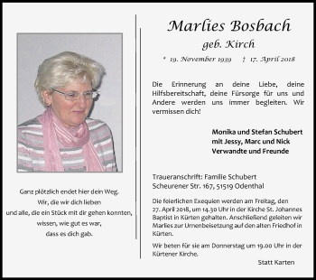 Anzeige von Marlies Bosbach von Kölner Stadt-Anzeiger / Kölnische Rundschau / Express