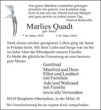 Anzeige von Marlies Quadt von  Werbepost 