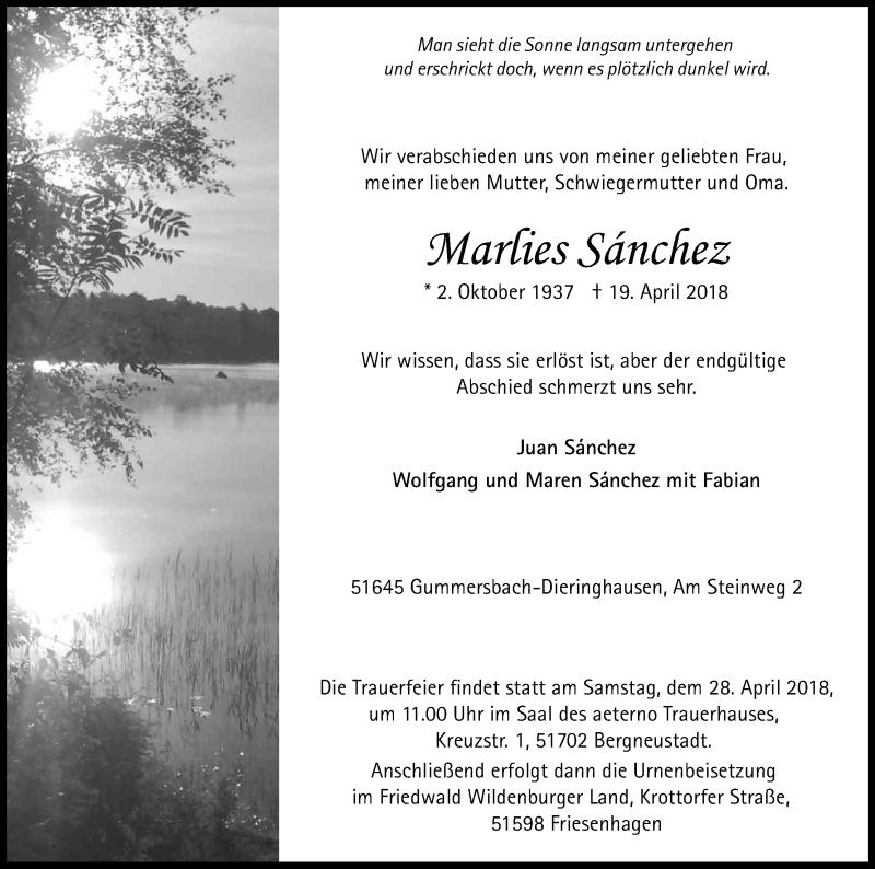  Traueranzeige für Marlies Sanchez vom 25.04.2018 aus Kölner Stadt-Anzeiger / Kölnische Rundschau / Express