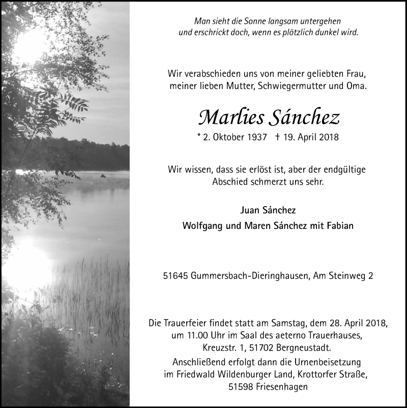 Traueranzeige für Marlies Sanchez vom 25.04.2018 aus  Anzeigen Echo 