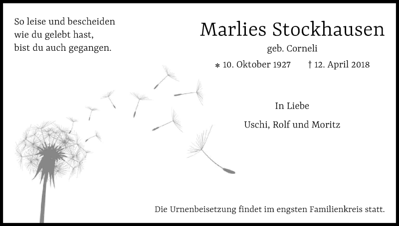  Traueranzeige für Marlies Stockhausen vom 21.04.2018 aus Kölner Stadt-Anzeiger / Kölnische Rundschau / Express
