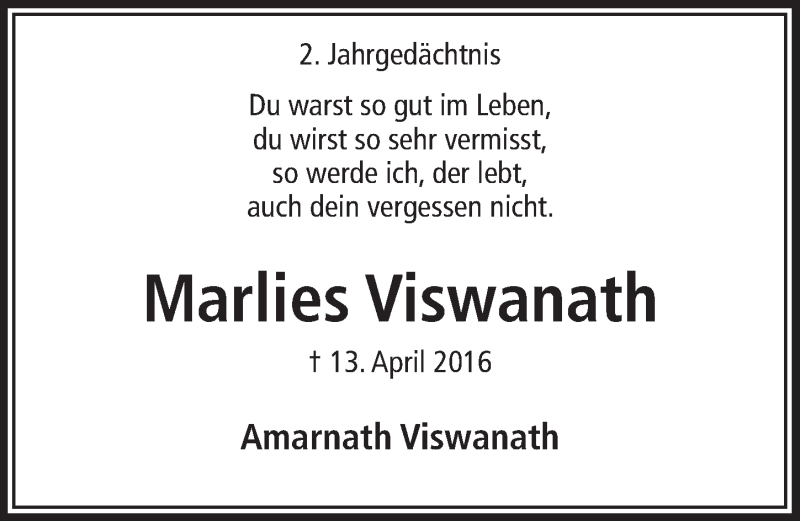  Traueranzeige für Marlies Viswanath vom 11.04.2018 aus  Bergisches Handelsblatt 