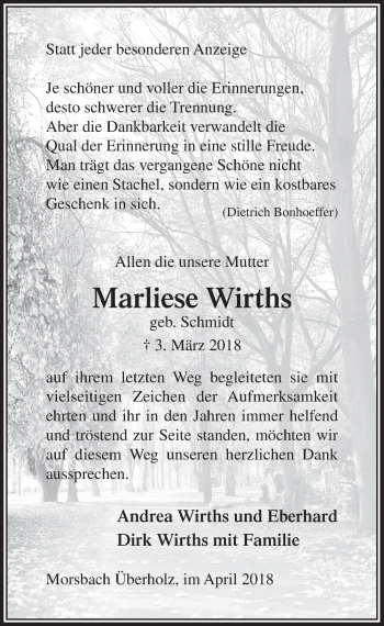 Anzeige von Marliese Wirths von  Lokalanzeiger 