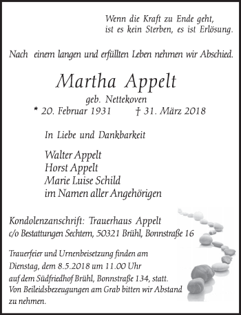Anzeige von Martha Appelt von  Schlossbote/Werbekurier 
