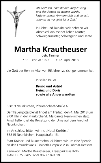 Anzeige von Martha Krautheuser von Kölner Stadt-Anzeiger / Kölnische Rundschau / Express