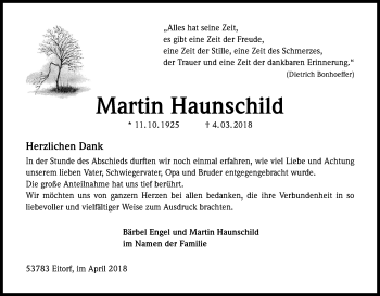 Anzeige von Martin Haunschild von Kölner Stadt-Anzeiger / Kölnische Rundschau / Express