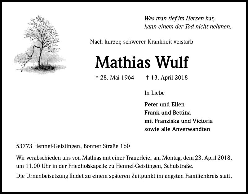  Traueranzeige für Mathias Wulf vom 18.04.2018 aus Kölner Stadt-Anzeiger / Kölnische Rundschau / Express