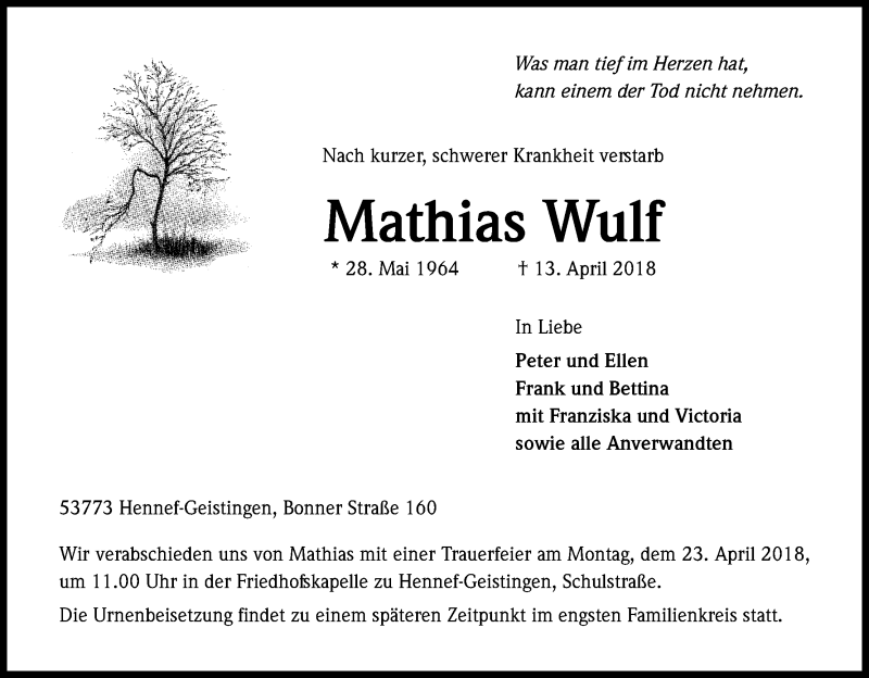  Traueranzeige für Mathias Wulf vom 18.04.2018 aus Kölner Stadt-Anzeiger / Kölnische Rundschau / Express