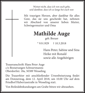 Anzeige von Mathilde Auge von  Schlossbote/Werbekurier 