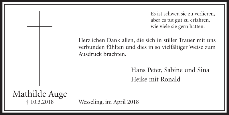  Traueranzeige für Mathilde Auge vom 25.04.2018 aus  Schlossbote/Werbekurier 