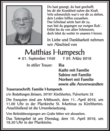 Anzeige von Matthias Humpesch von  Sonntags-Post 