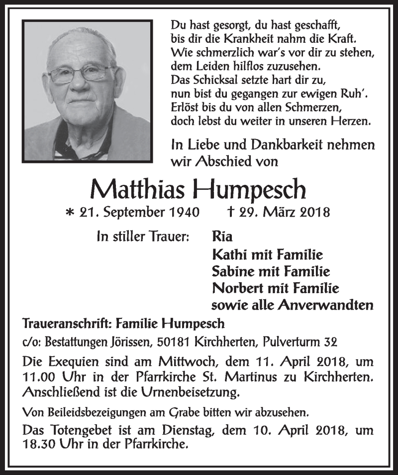  Traueranzeige für Matthias Humpesch vom 07.04.2018 aus  Sonntags-Post 