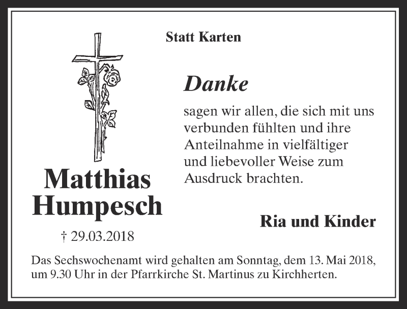  Traueranzeige für Matthias Humpesch vom 25.04.2018 aus  Werbepost 