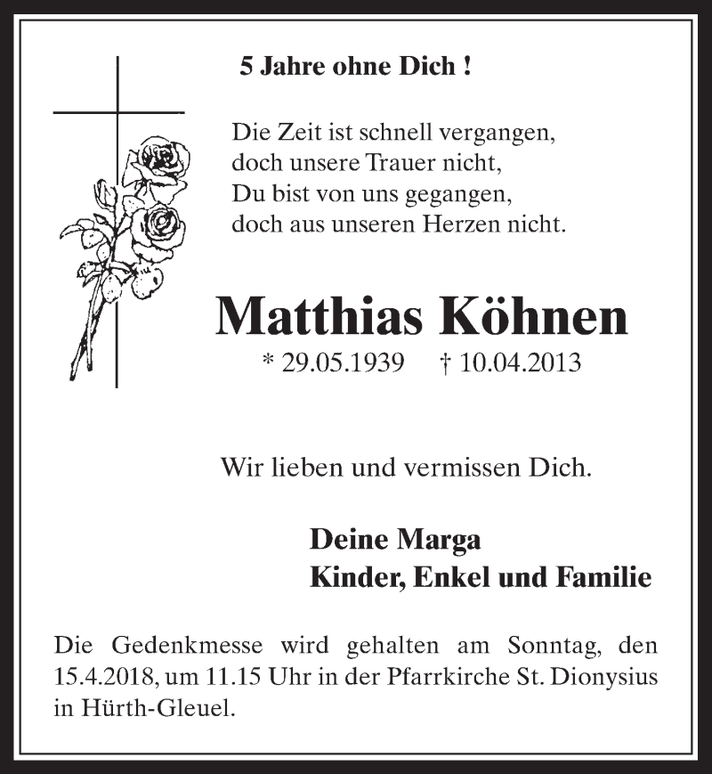  Traueranzeige für Matthias Köhnen vom 11.04.2018 aus  Wochenende 