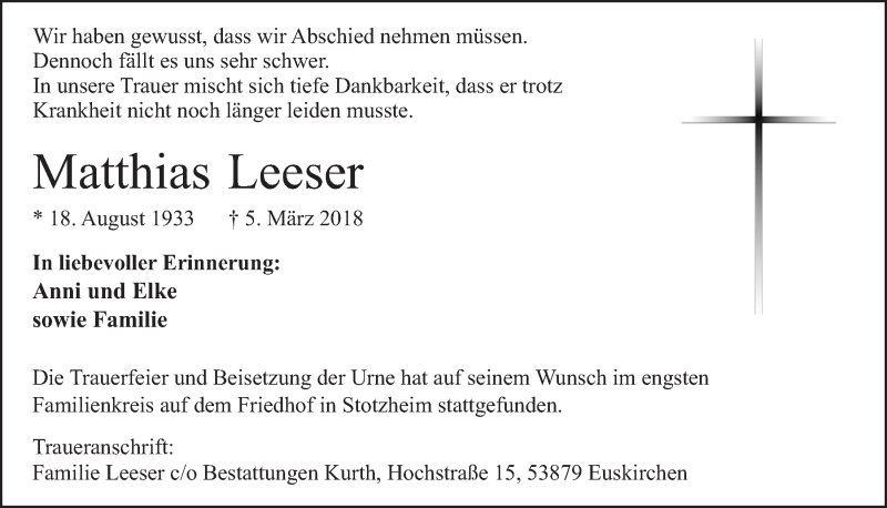  Traueranzeige für Matthias Leeser vom 14.04.2018 aus  Blickpunkt Euskirchen 