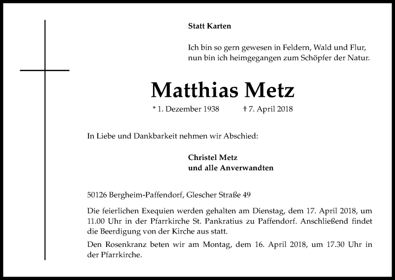  Traueranzeige für Matthias Metz vom 14.04.2018 aus Kölner Stadt-Anzeiger / Kölnische Rundschau / Express