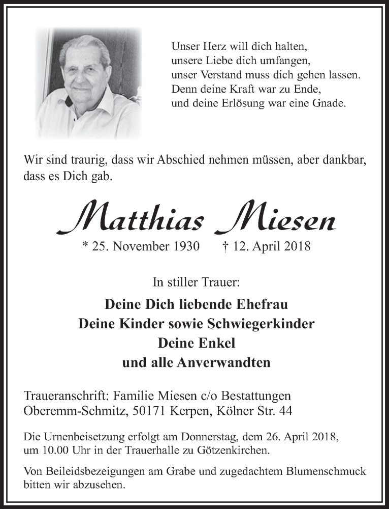  Traueranzeige für Matthias Miesen vom 21.04.2018 aus  Sonntags-Post 