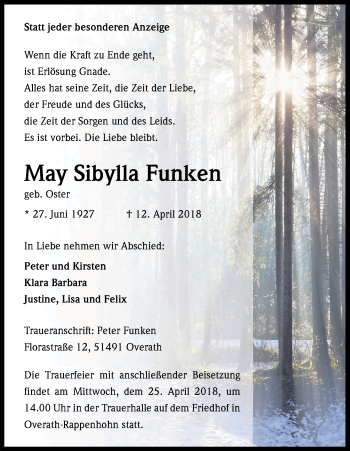 Anzeige von May Sibylla Funken von Kölner Stadt-Anzeiger / Kölnische Rundschau / Express