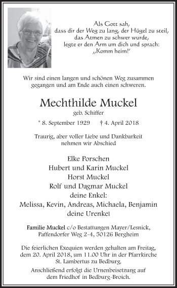 Anzeige von Mechthilde Muckel von  Sonntags-Post 