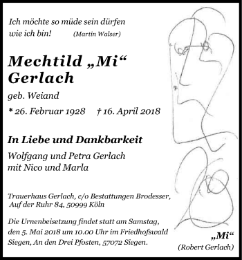 Anzeige von Mechtild Gerlach von Kölner Stadt-Anzeiger / Kölnische Rundschau / Express