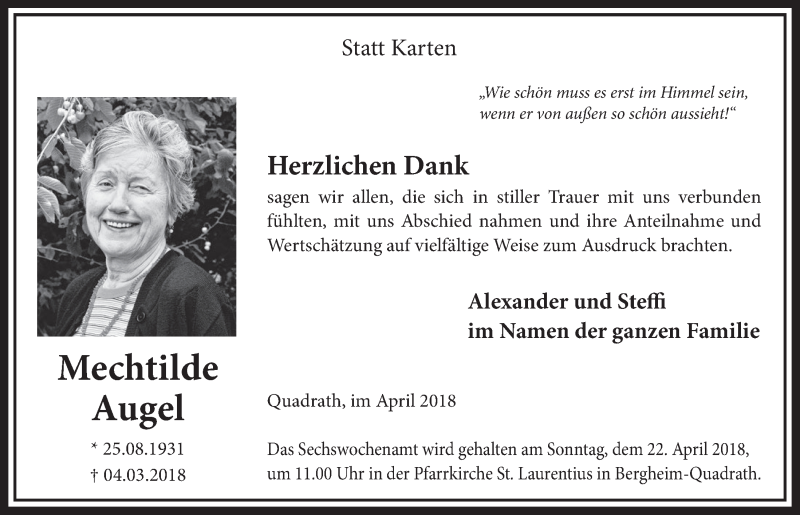  Traueranzeige für Mechtilde Augel vom 14.04.2018 aus  Sonntags-Post 